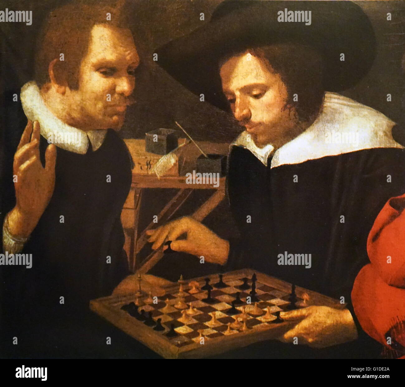 Oil painting of a grand chess match outside a school