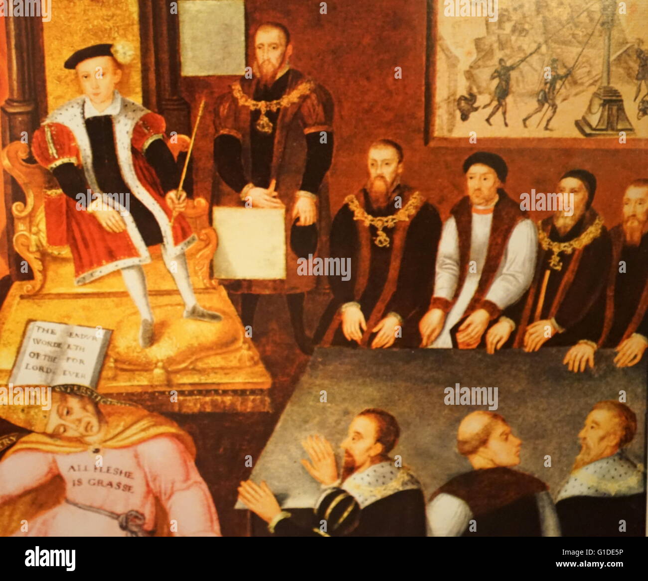 Painting depicting the boy king, Edward VI of England (1537-1553), with his advisors. Dated 16th Century Stock Photo