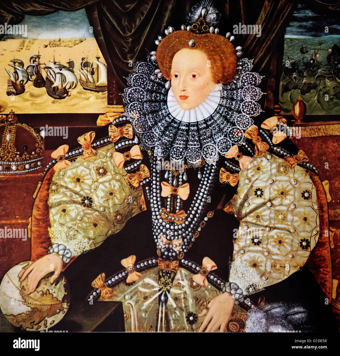 Painting titled 'Armada Portrait' depicting Queen Elizabeth I of England (1533-1603). Painted by George Gower (1540-1596) an English portrait painter. Dated 16th Century Stock Photo