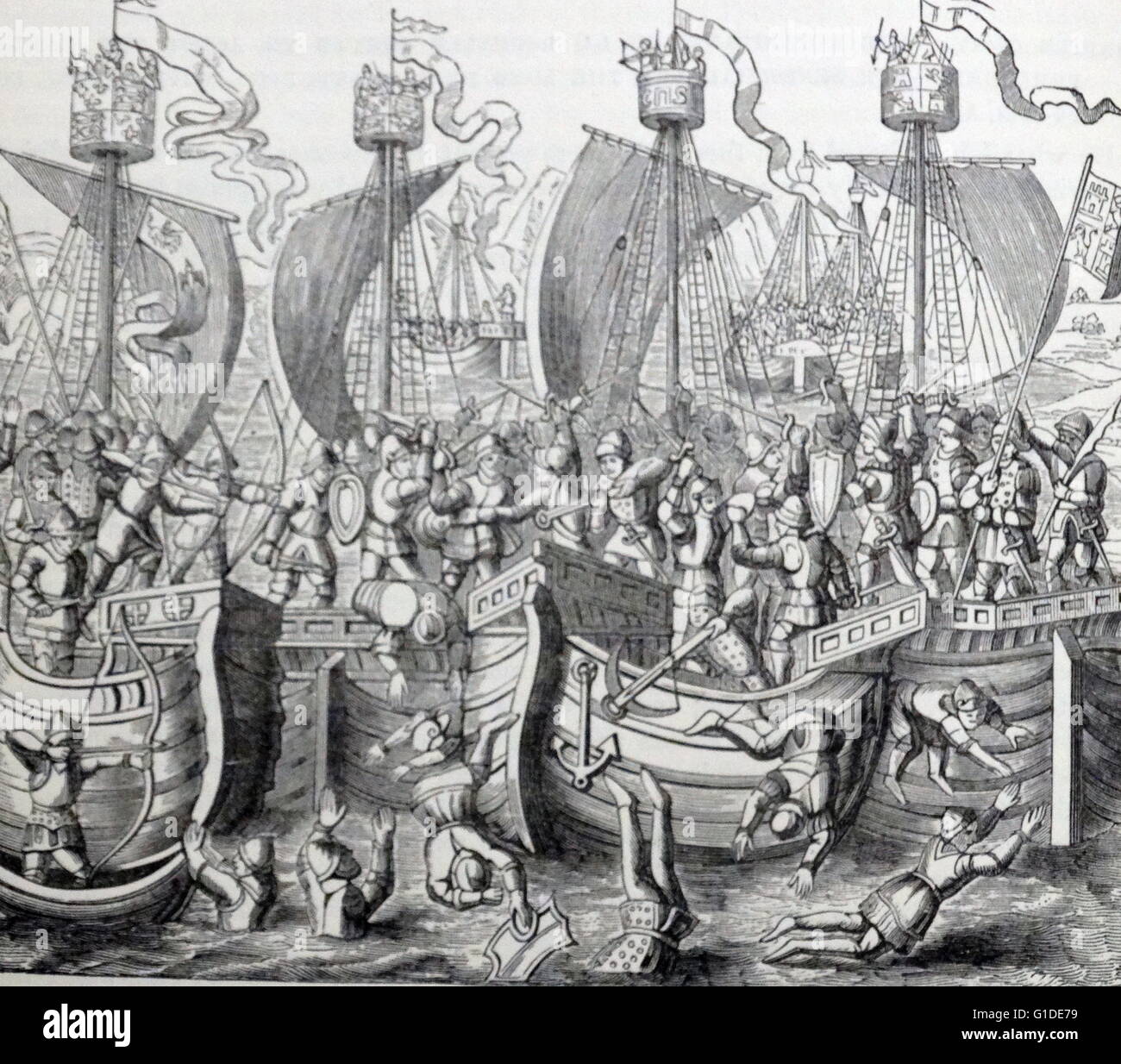 Engraving depicting the Battle of La Rochelle, a naval battle between a Castilian fleet commanded by the Castilian Almirant Ambrosio Boccanegra and an English convoy commanded by John Hastings, 2nd Earl of Pembroke. Dated 14th Century Stock Photo