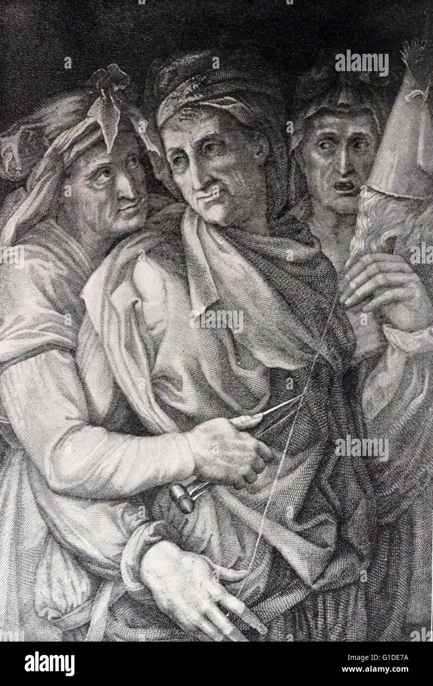 Painting titled 'The Fates' by Michelangelo (1475-1564) an Italian sculptor, painter, architect, poet, and engineer of the High Renaissance. Dated 16th Century Stock Photo