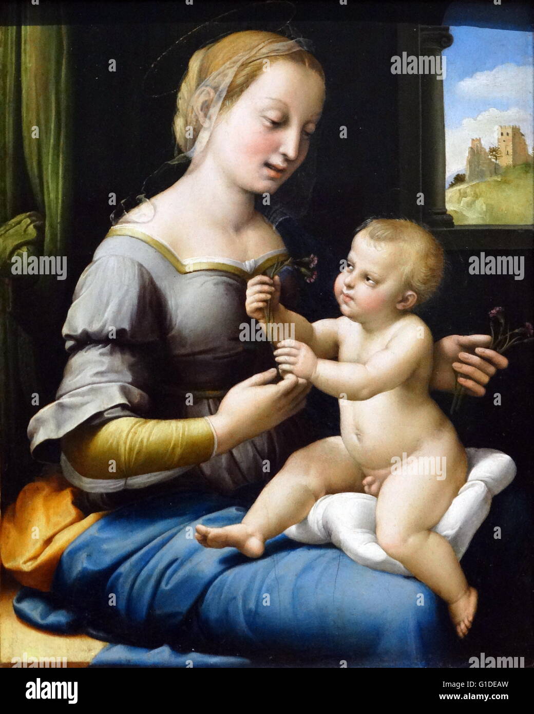 Painting titled 'The Madonna of the Pinks' by Raffaello Sanzio da Urbino (1483-1520) an Italian painter and architect of the High Renaissance. Dated 16th Century Stock Photo