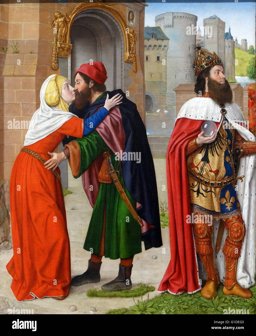Painting titled 'Charlemagne and the Meeting at the Golden Gate' by Jean Hey (1480-1500) an Early Netherlandish painter. Dated 15th Century Stock Photo