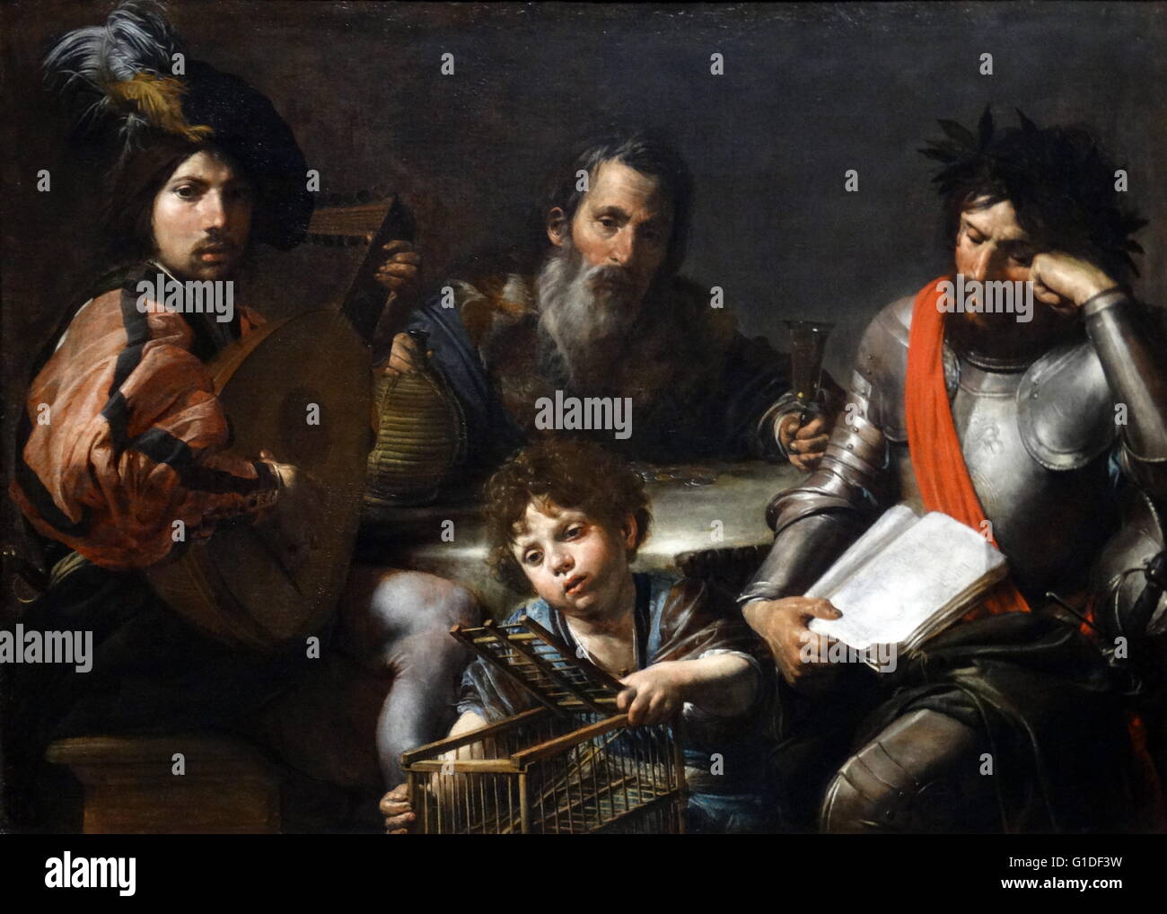 Painting titled 'The Four Ages of Man' by Valentin de Boulogne (1591-1632) a French painter of the tenebrist style. Dated 17th Century Stock Photo