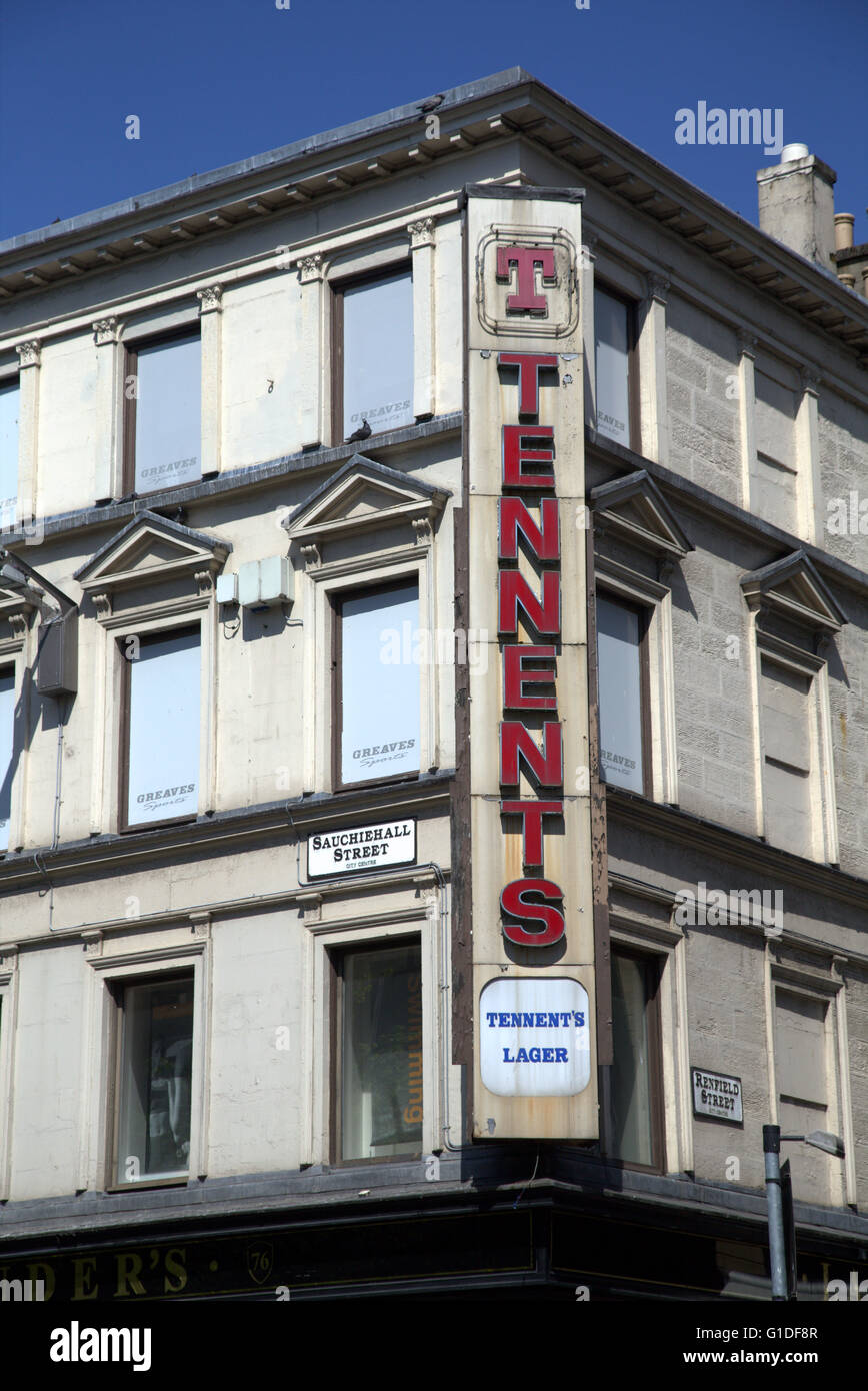 Tennents beer sign on the corner of Sauchihall Street  Glasgow, Scotland, UK. Stock Photo