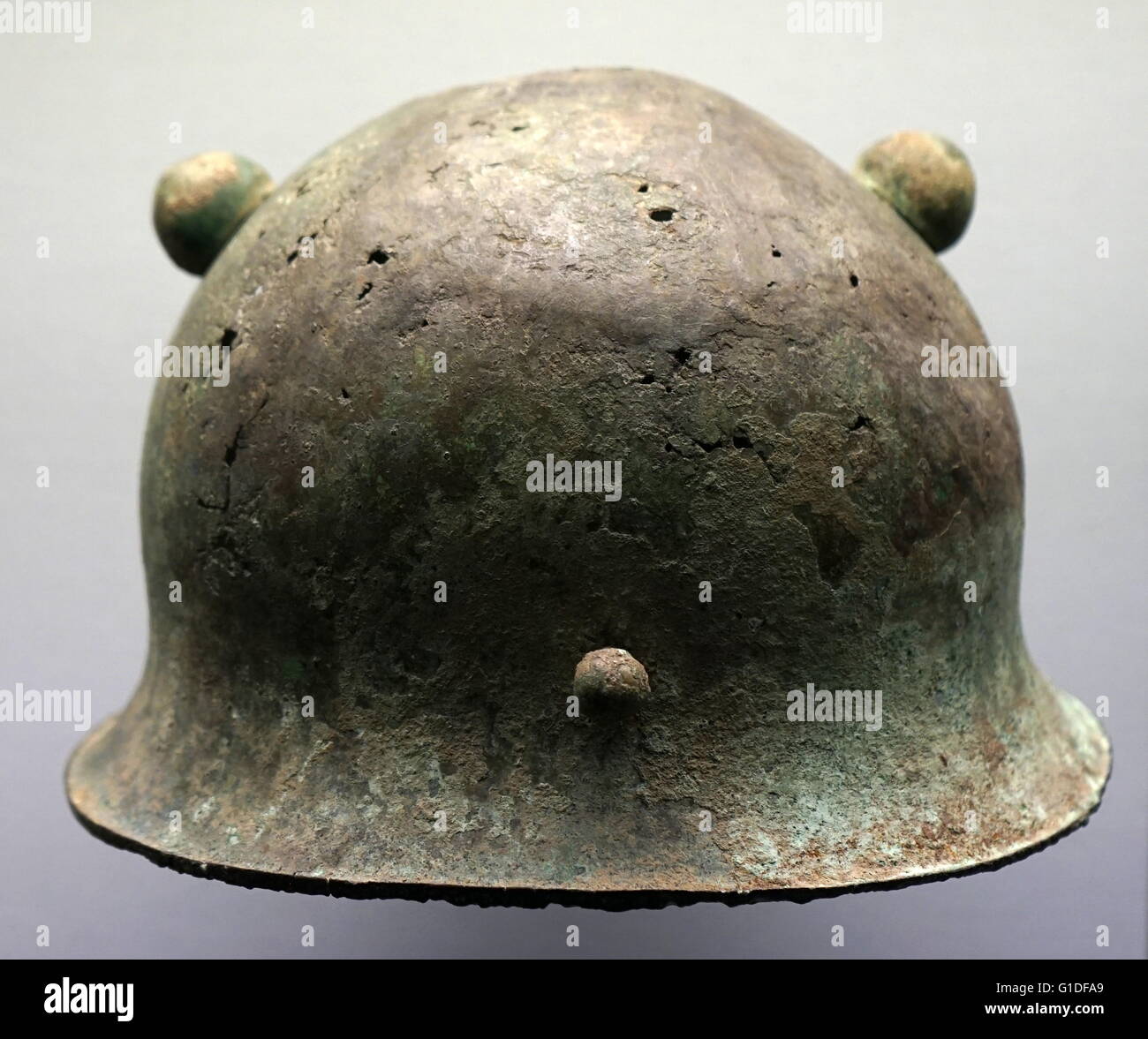 An Aufidus bronze embossed helmet, which was once decorated with horsehair. Dated 6th Century BC Stock Photo