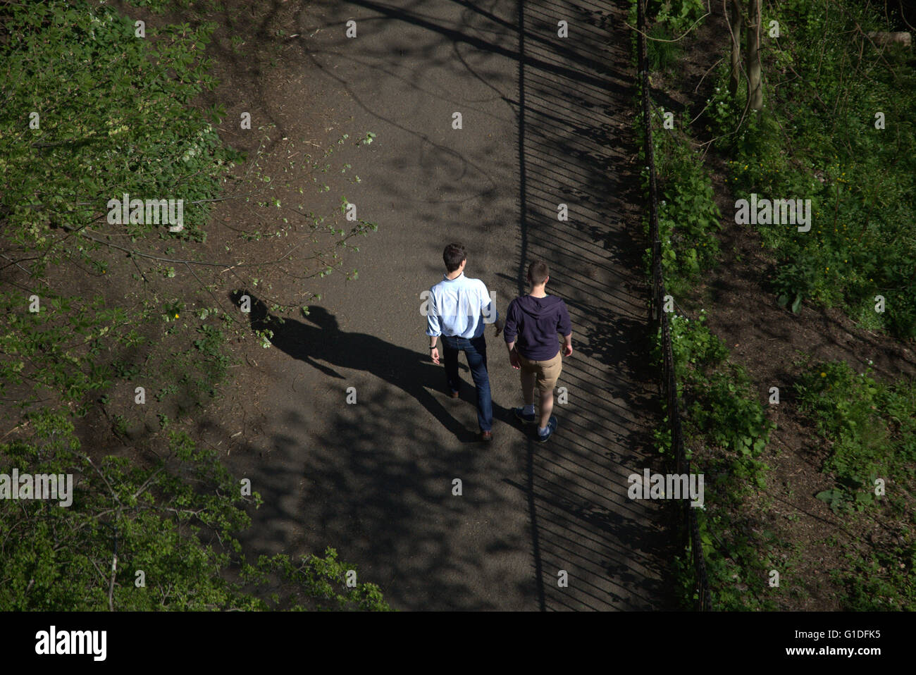 Couple of men boys walking in Kelvingrove Park shot from above, on a sunny day, Kelvingrove Park, Stock Photo