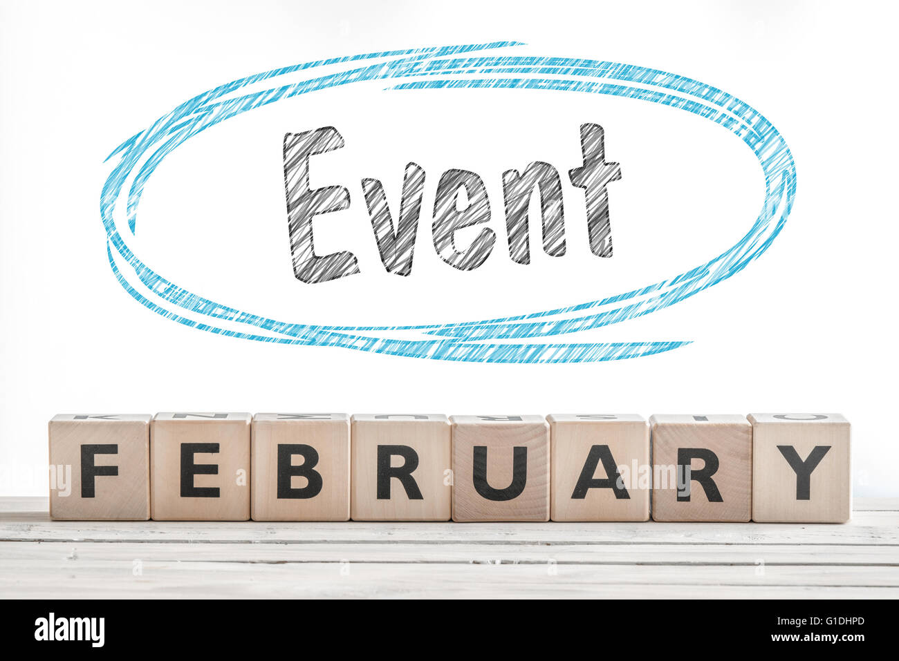February event sign made of wood on a stage Stock Photo