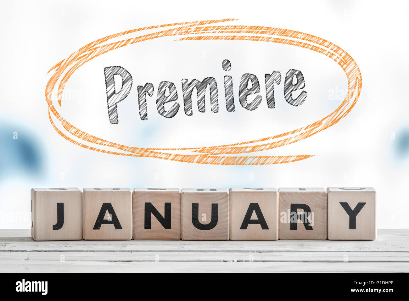 Premiere in January sign made of wooden cubes Stock Photo - Alamy
