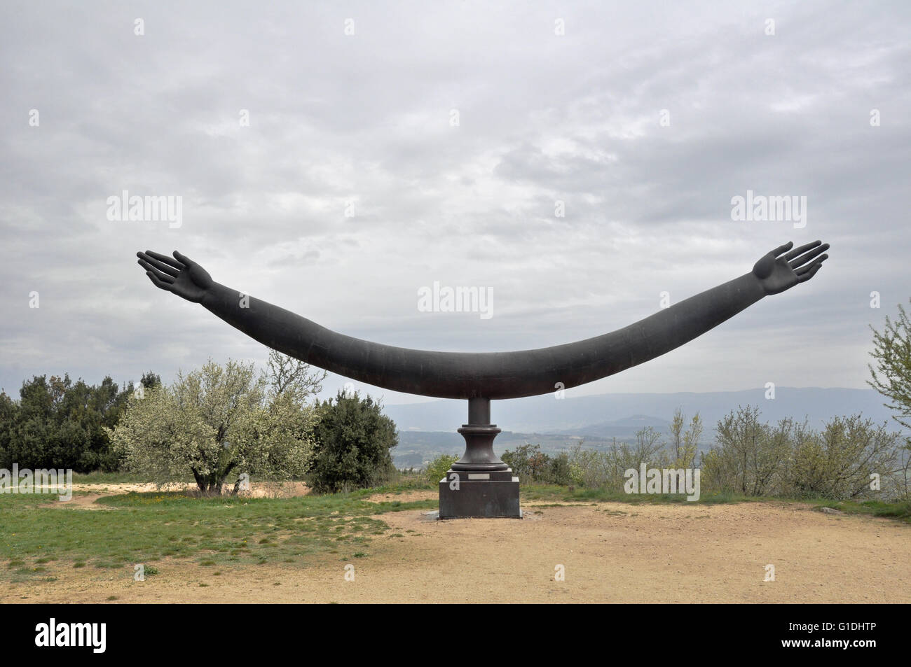 A statue of two arms at the remains of the chateau of Marquis de Sade, Lacoste, Vaucluse, Provence, France. Stock Photo
