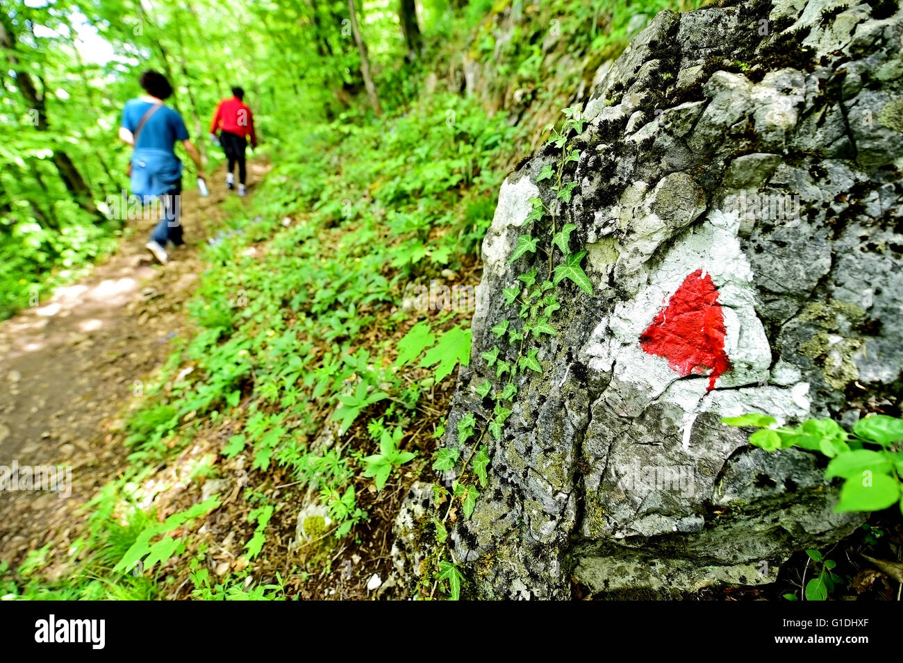 Hiking red triangle paint marking on a rock with hiker on the trail Stock Photo