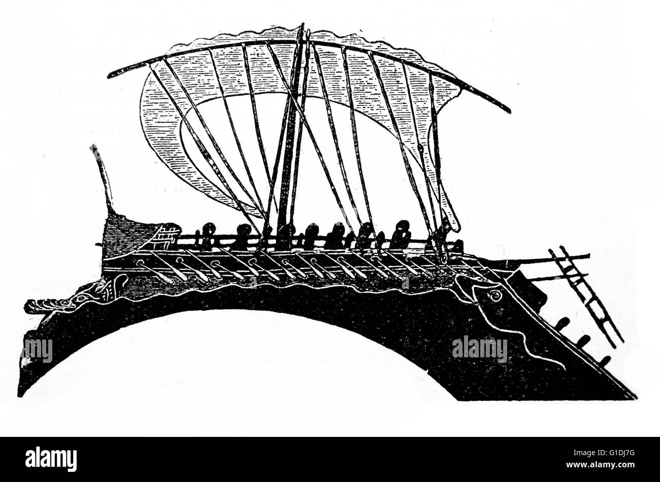 Greek Bireme ship repelling an attacking enemy ship 5th century BC Stock Photo