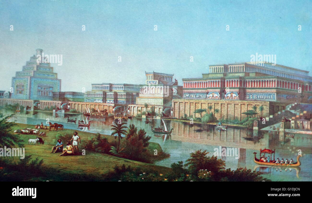 Illustration recreating Nineveh at the height of its' power. Nineveh was an ancient Mesopotamian city located in modern day Iraq; it is on the eastern bank of the Tigris River, and was the capital of the Neo-Assyrian Empire. Nineveh was one of the oldest and greatest cities in antiquity. The area was settled as early as 6000 BC and, by 3000 BC Stock Photo