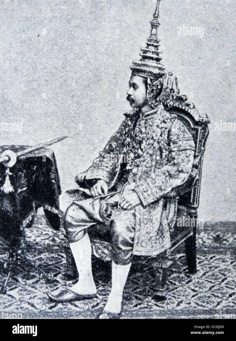King Chulalongkorn, or Rama V (1853 – 1910) fifth monarch of Siam (Thailand). Chulalongkorn on his throne crowned (second coronation, after attaining his majority) Stock Photo