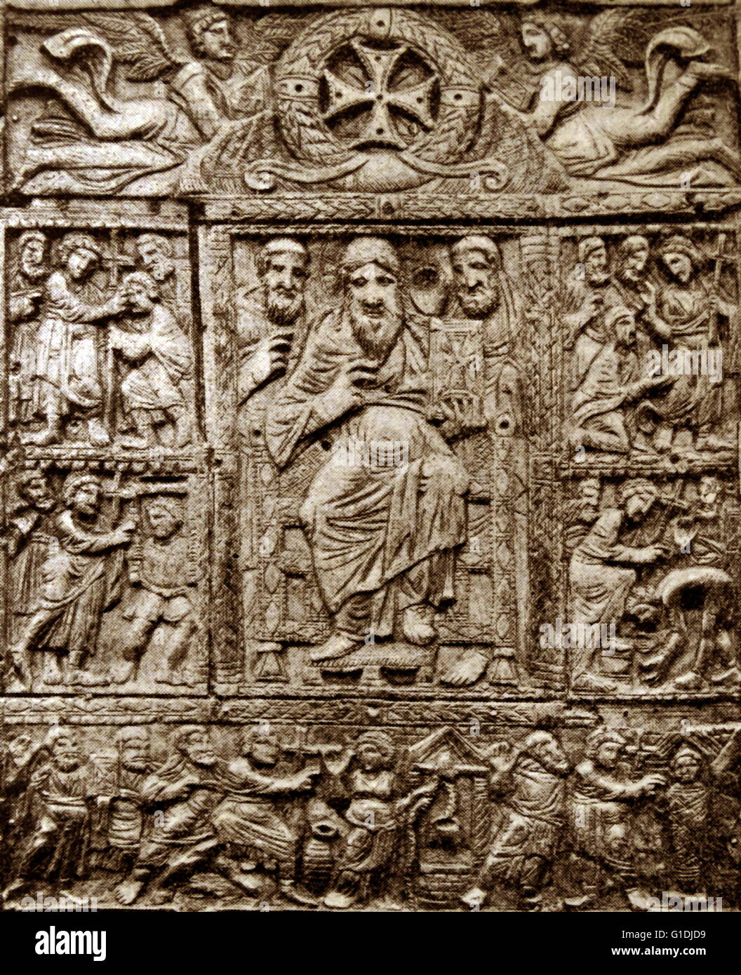 Byzantine carved ivory cover to a Gospel; 5th century Stock Photo