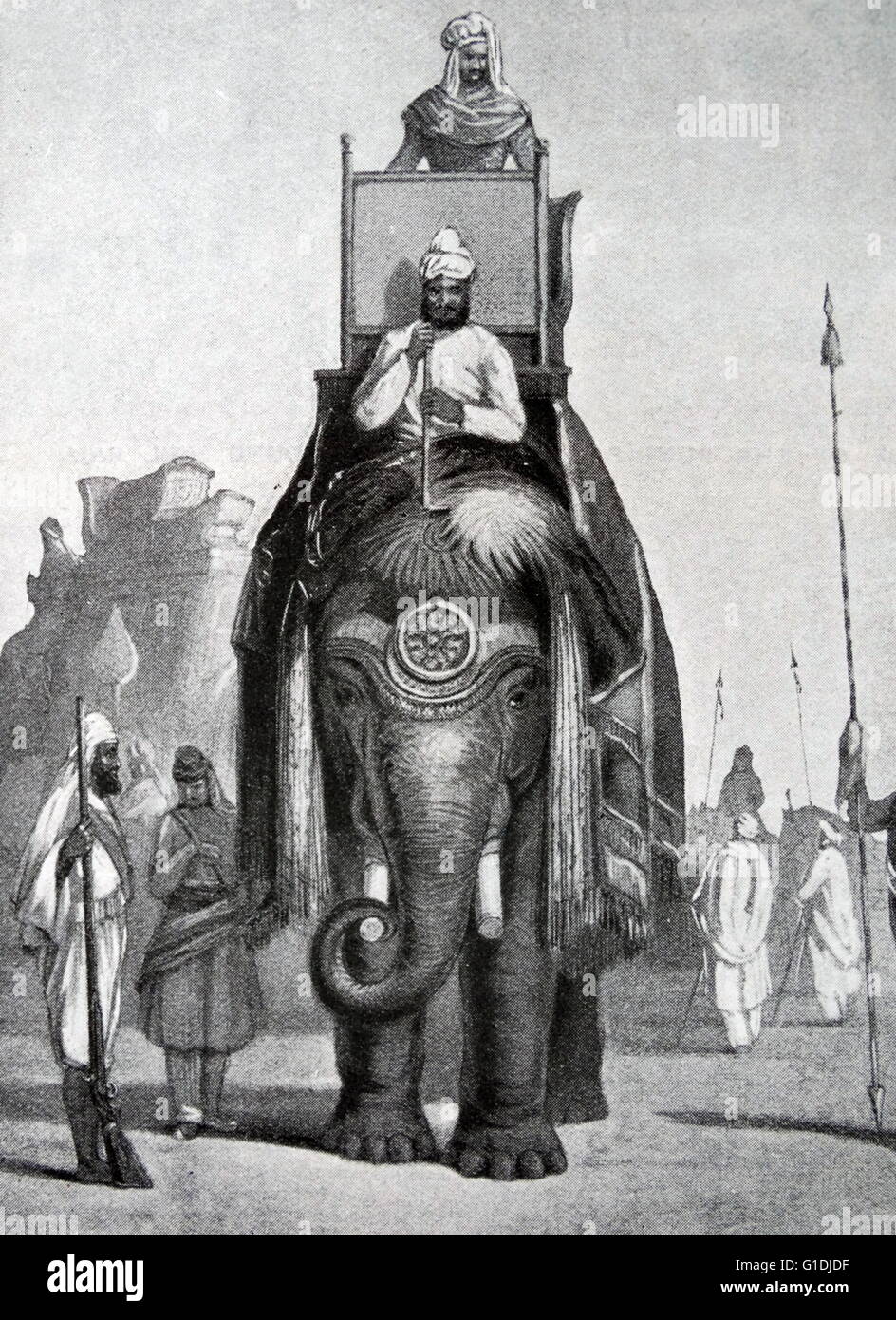 Illustration depicting an Indian Rajah riding on an elephant c1860. Stock Photo