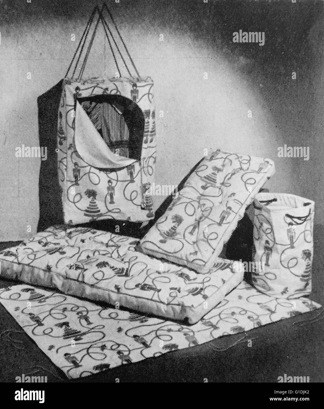A hanging wardrobe, toy bag and mattress ideal for the small home. All made from patterned cotton. Stock Photo