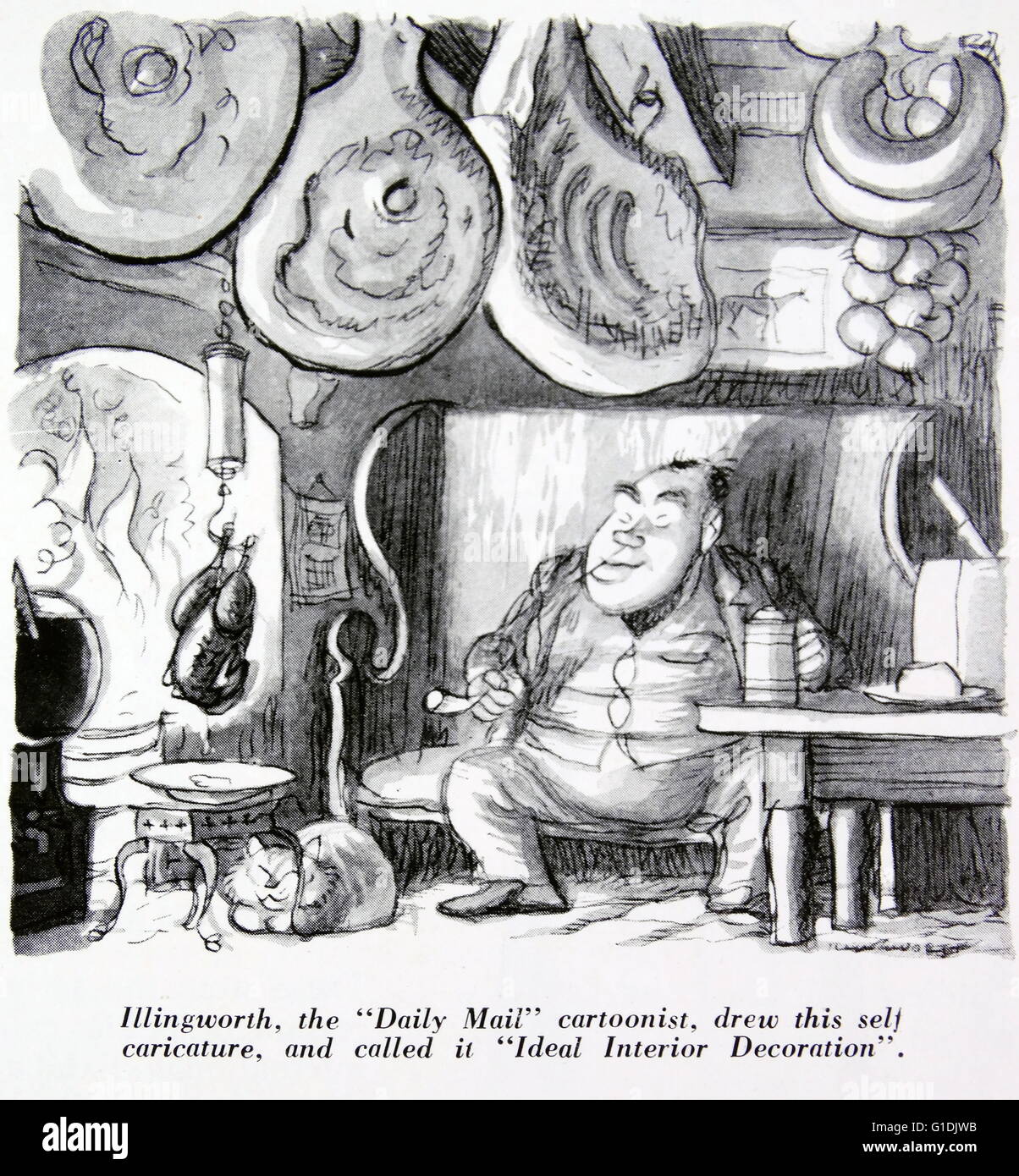 Lesley Illingworth 1902-1979: British cartoonist for the Daily Mail newspaper. Cartoon on the theme of a man at home, with food hanging from his kitchen ceiling. 1950 Stock Photo