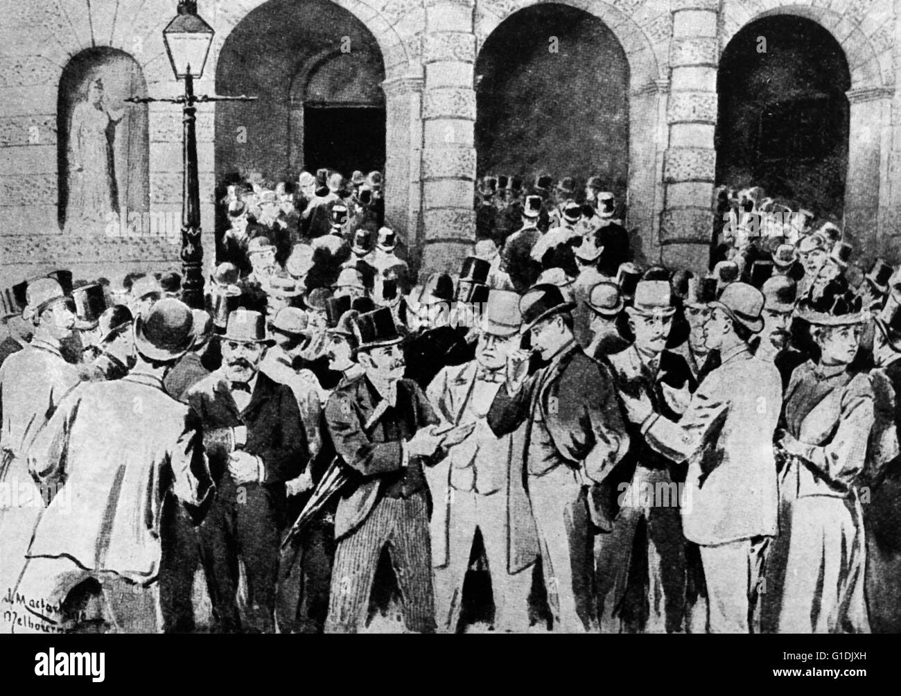 Banking crisis hits Australia in 1892, seen of the run on the bank (union bank) Melbourne. Stock Photo