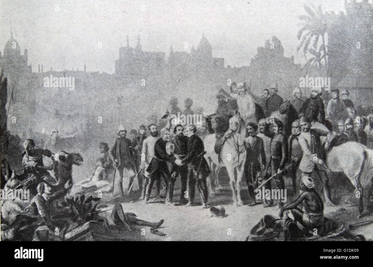 The meeting General Outram, Havelock and Colin Campbell at the 1st relief of Lucknow July 1857 following the Indian Mutiny. Stock Photo