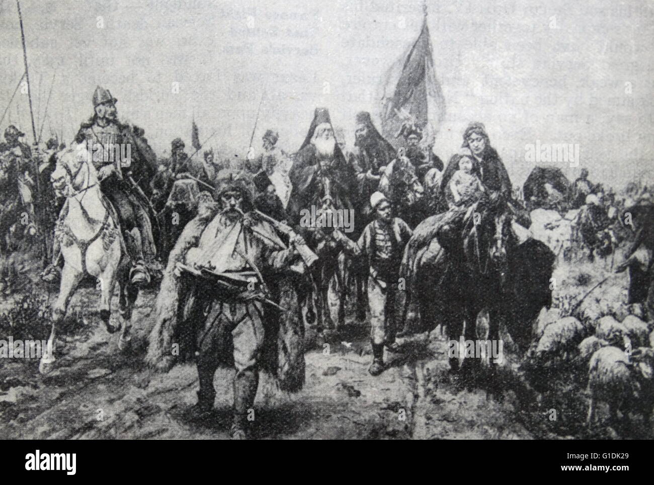 Illustration depicting the Battle of Kosovo, a battle between the army led by the Serbian Prince Lazar Hrebeljanovi?, and the invading army of the Ottoman Empire under the command of Sultan Murad Hüdavendigâr. Dated 14th Century Stock Photo
