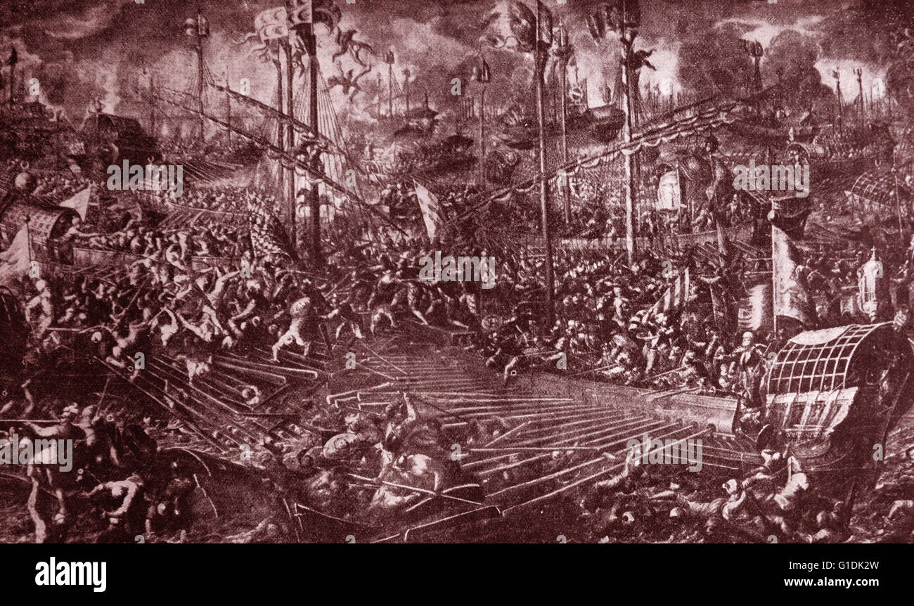Illustration depicting the Battle of Lepanto. The Battle of Lepanto involved a fleet of the Holy League, a coalition of European Catholic maritime states arranged by Pope Pius V, decisively defeated the fleet of the Ottoman. Dated 16th Century Stock Photo