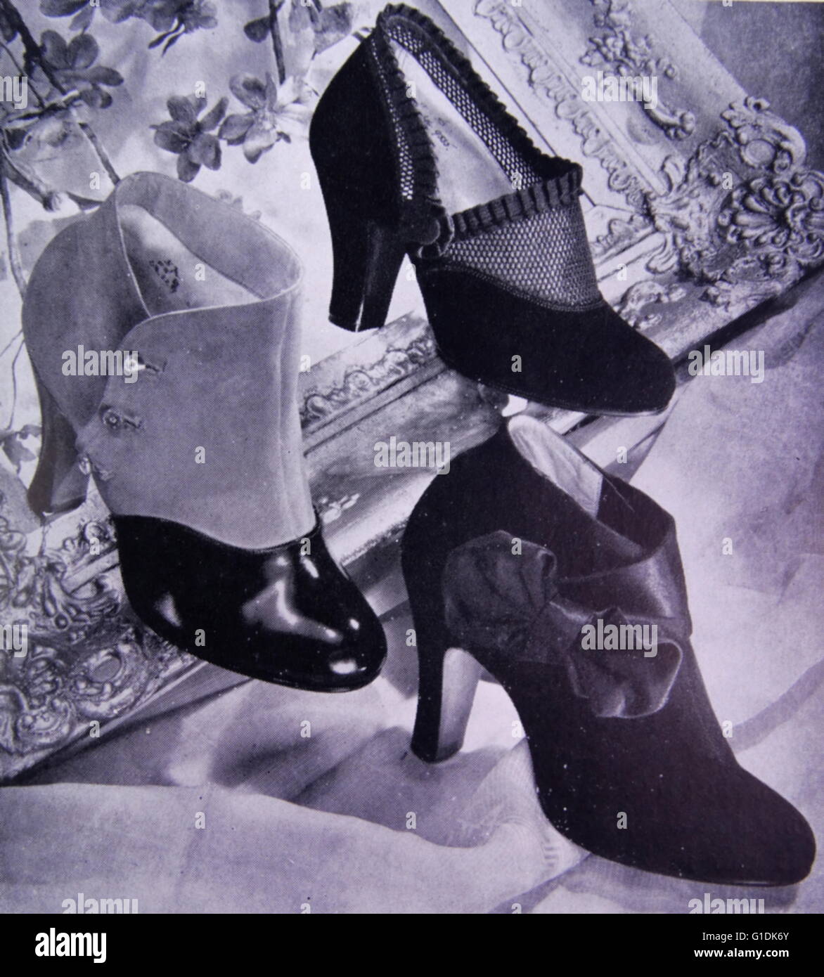 Advert for new elegant shoes by Rayne, a British manufacturer known for high-end and couture shoes. Founded in 1899 as a theatrical costumier, it diversified into fashion shoes in the 1920s. Stock Photo