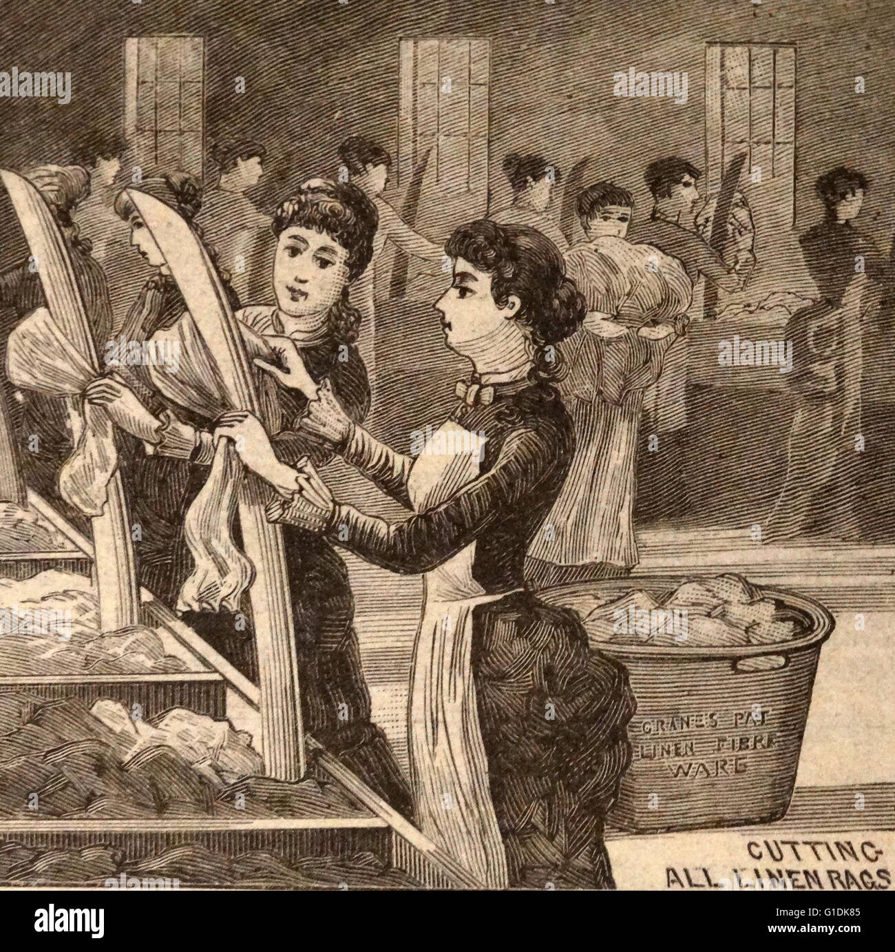 Engraving depicting women working in a linen factory Stock Photo Alamy