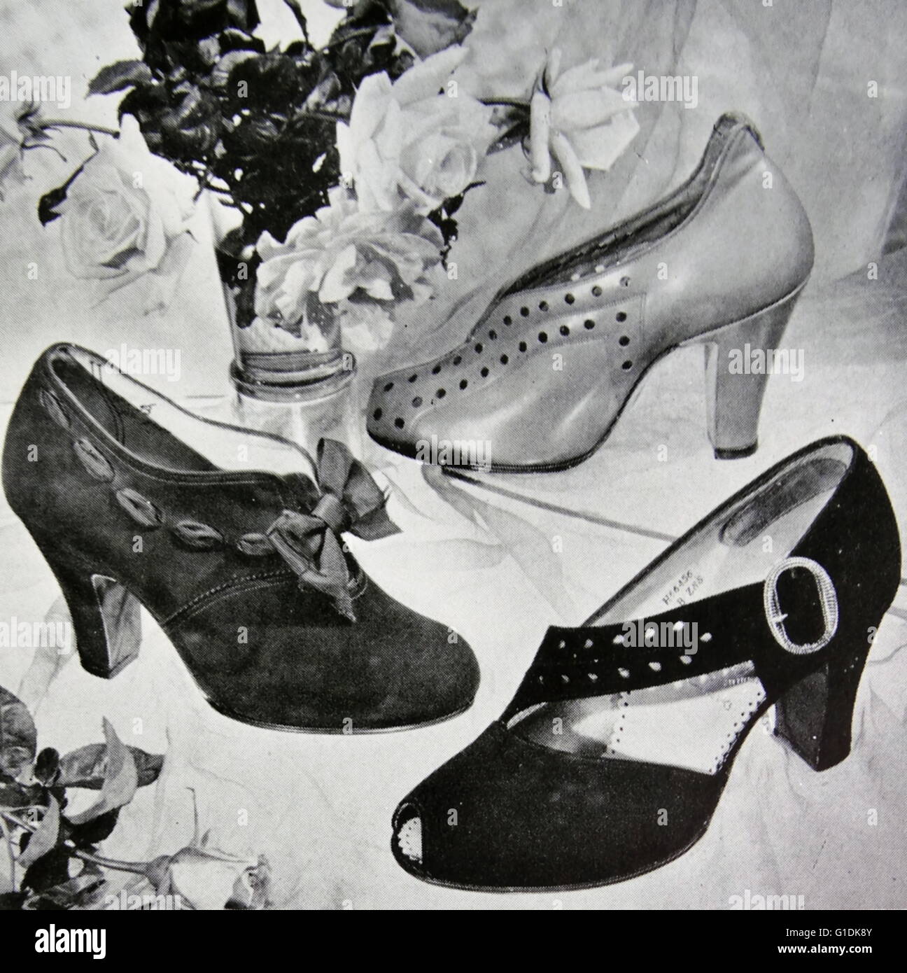 Advert for new elegant shoes by Rayne, a British manufacturer known for high-end and couture shoes. Founded in 1899 as a theatrical costumier, it diversified into fashion shoes in the 1920s. Stock Photo