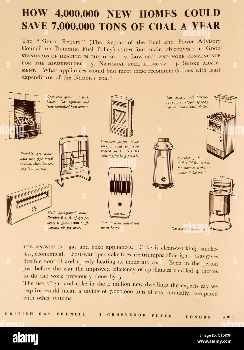Advert for gas and coke appliances including stoves, fireplace and hot water storage. Dated 20th Century Stock Photo