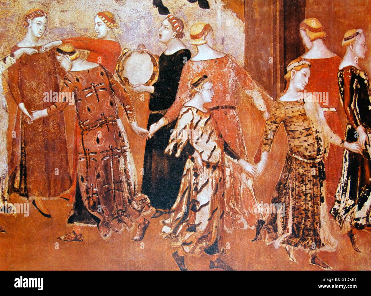 Painting titled 'Peace and dancing girls' by Ambrogio Lorenzetti (1290-1348) Italian painter of the Sienese school. Dated 14th Century Stock Photo