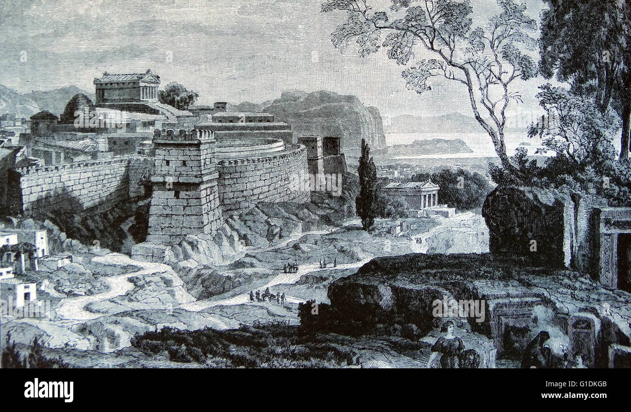Ancient Greek city of Mycenae as it was during the Heroic Age Stock Photo