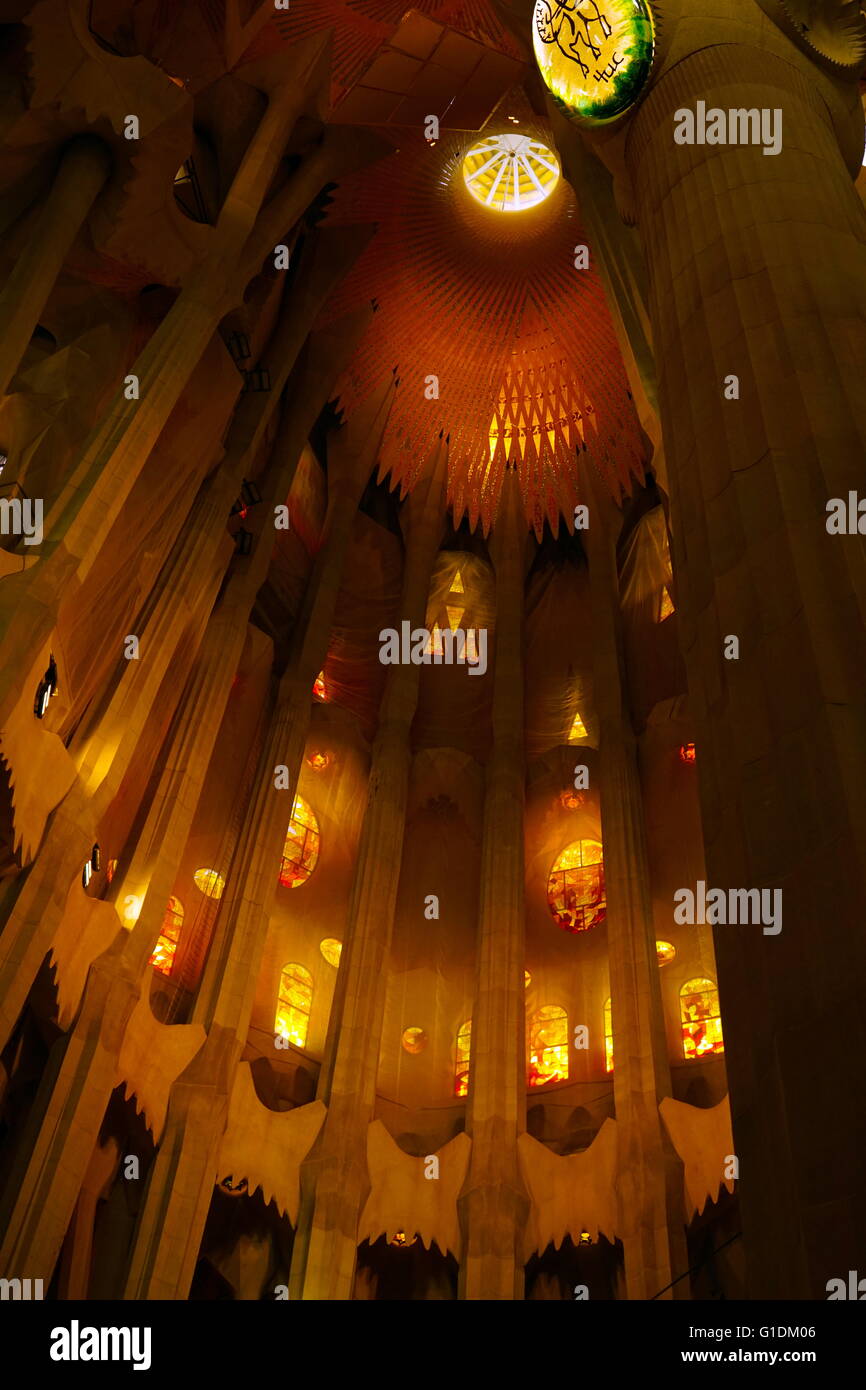 Details of the interior of the Basílica i Temple Expiatori de la Sagrada Família, a Roman Catholic church in Barcelona, designed by Spanish architect Antoni Gaudí (1852–1926). Dated 21st Century Stock Photo
