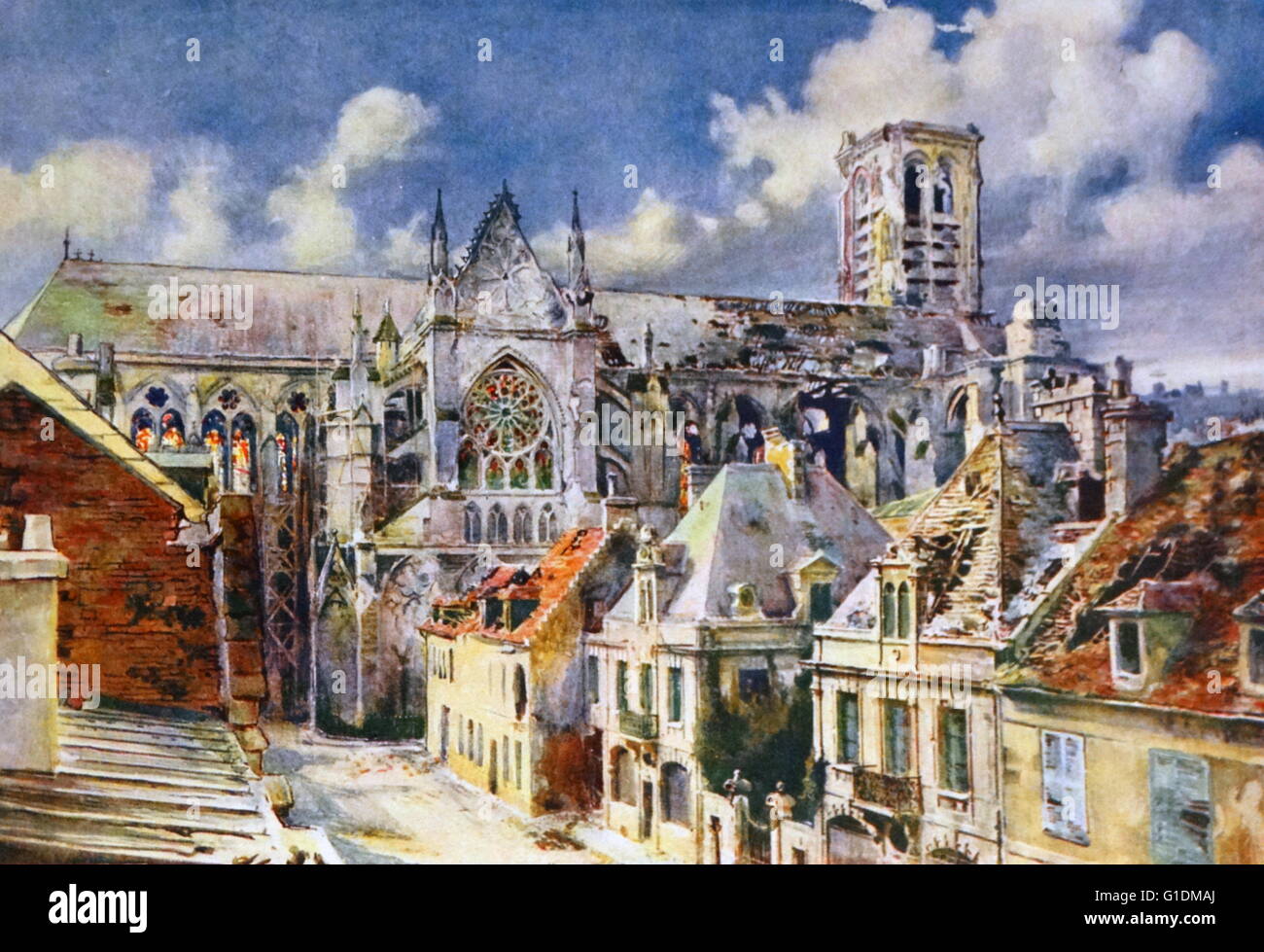 Painting depicting the Commune of Soissons, in the Aisne department in Picardy in northern France, located on the Aisne River. Dated 19th Century Stock Photo
