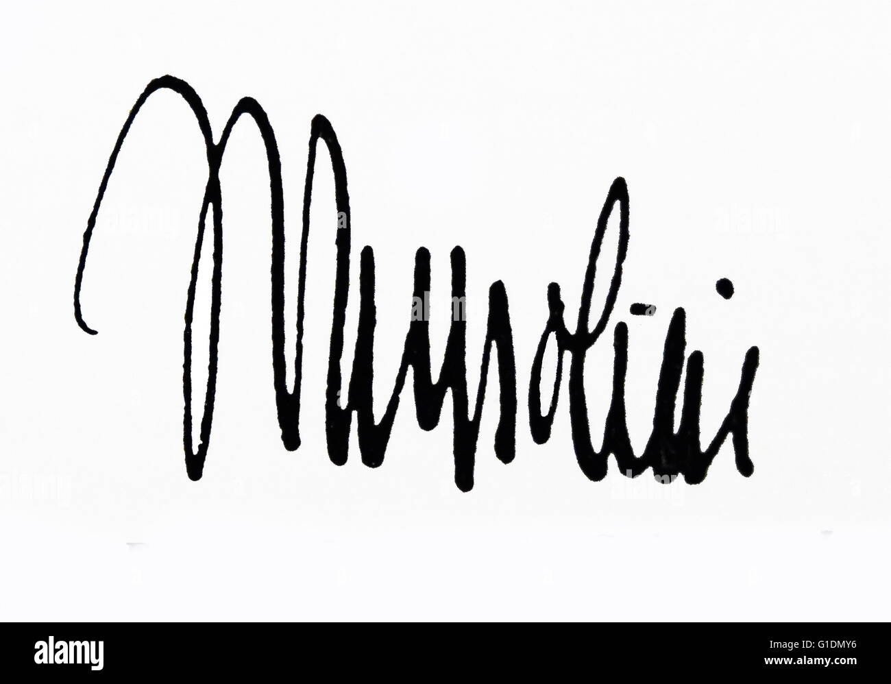 Signature of Benito Mussolini (1833-1945) Italian politician, journalist, and leader of the National Fascist Party and Prime Minister of Italy. Dated 20th Century Stock Photo
