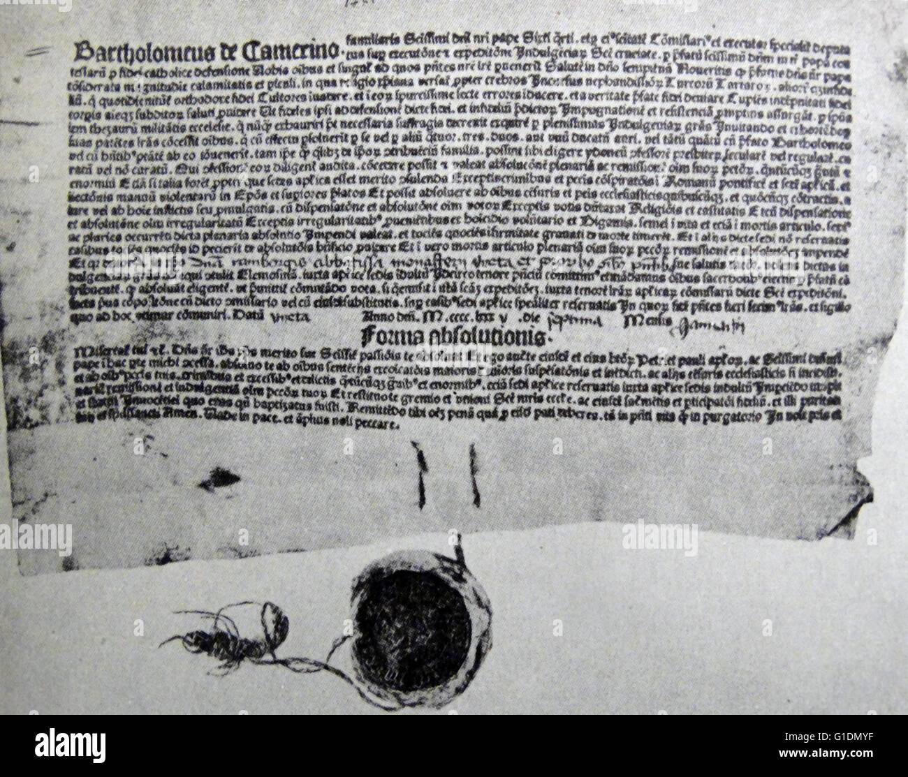 Copy of the Indulgences issued by Arcimboldus. Johannes Angelus Arcimboldus (1485-1555) a papal legate and indulgences peddlers. Dated 15th Century Stock Photo