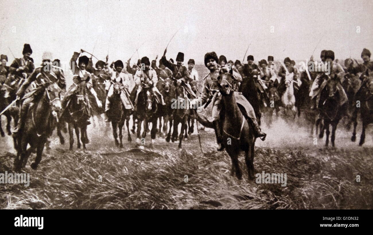 Photograph of Russian Cossacks during The Great War. The Cossacks became known as members of democratic, self-governing, semi-military communities. Dated 20th Century Stock Photo