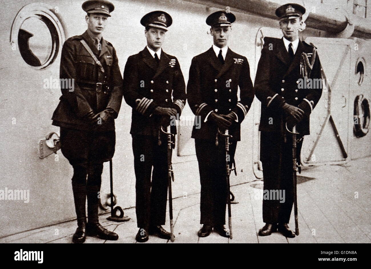 Photograph of Edward, Prince of Wales (1894-1972) leaving to visit Australasia. Also pictured is Prince Albert Frederick Arthur George (1895-1952) and Prince Henry, Duke of Gloucester (1900-1974) to bid him farewell. Dated 20th Century Stock Photo