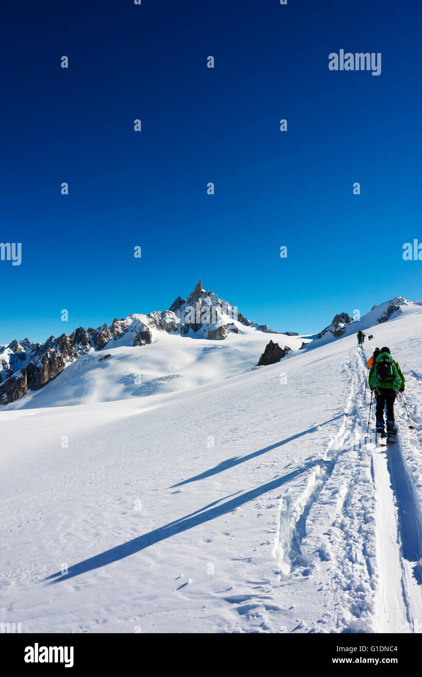 Europe, Italy and France border, Haute Savoie, Rhone Alps, Chamonix, ski touring on Vallee Blanche Stock Photo