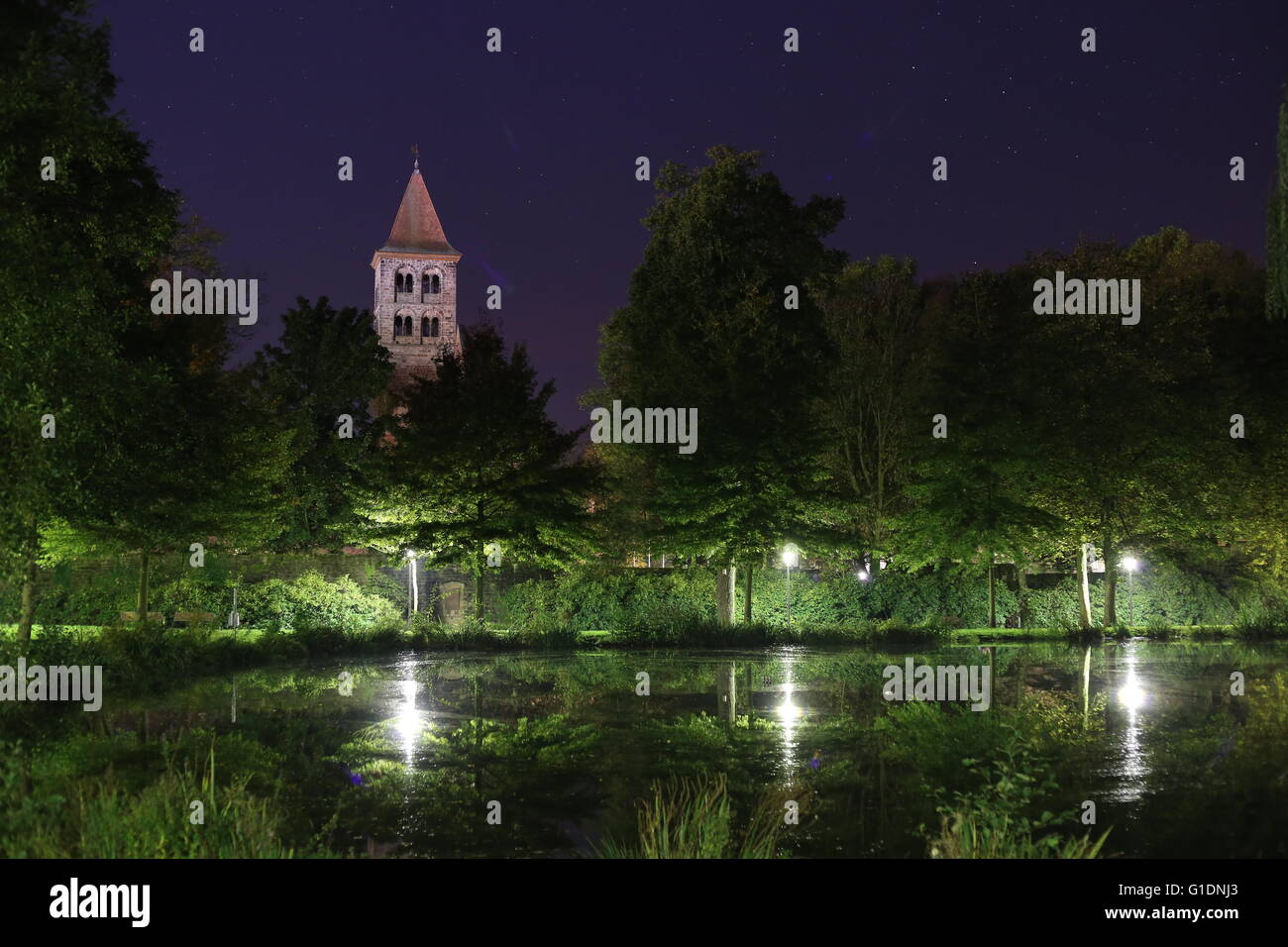 Night shot of Nordschulteiche park and Stiftsruine (monastery ruin) in Bad Hersfeld, Hesse, Germany. Stock Photo