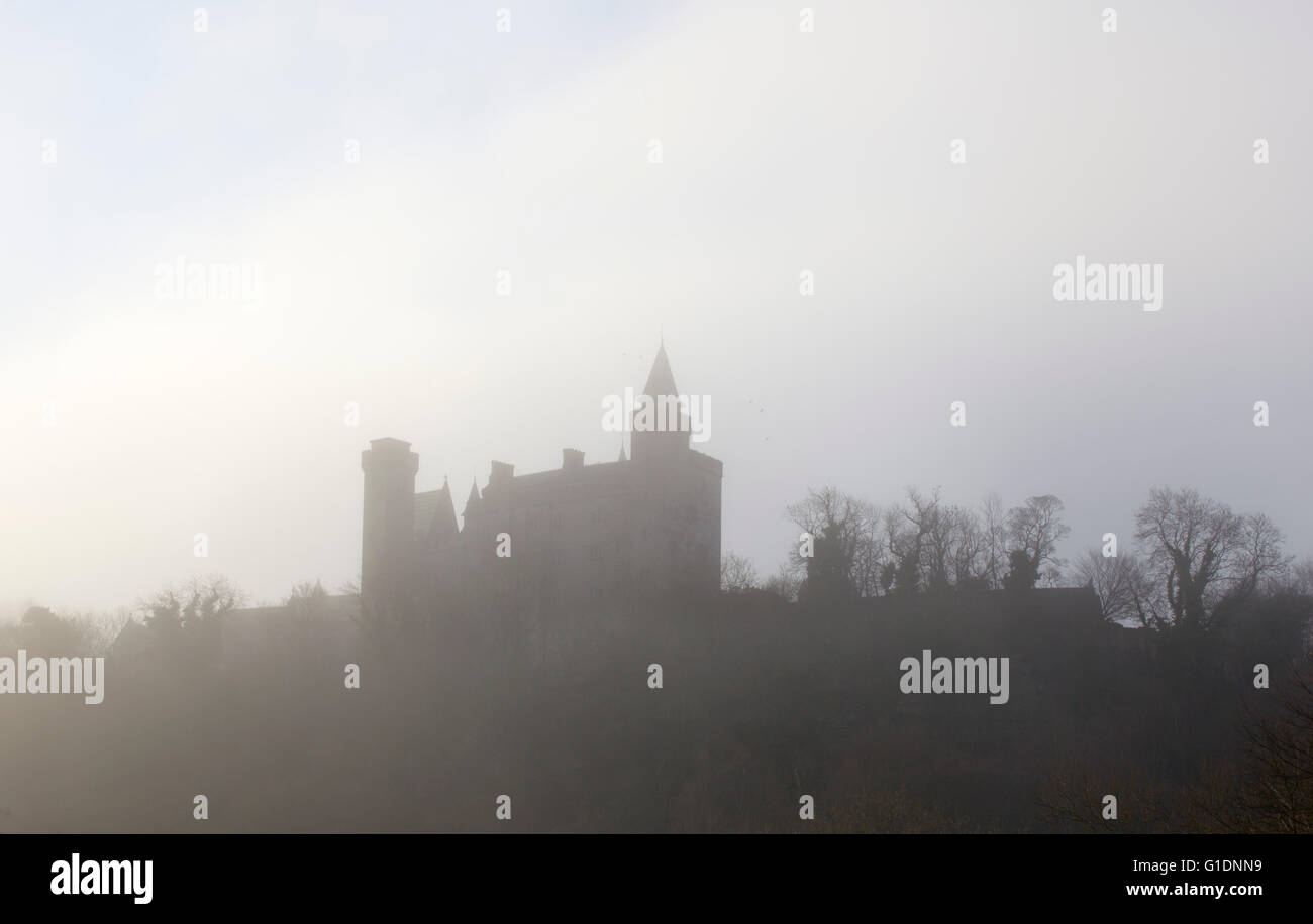 Alton Castle, Staffordshire surrounded by mist early morning Stock Photo