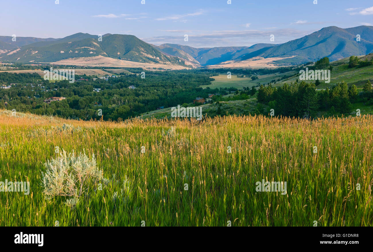 The foothills of the Bear Tooth Mountains at dawn as seen from the Bear Tooth Mountain Pass Highway on a fine summer morning. Stock Photo