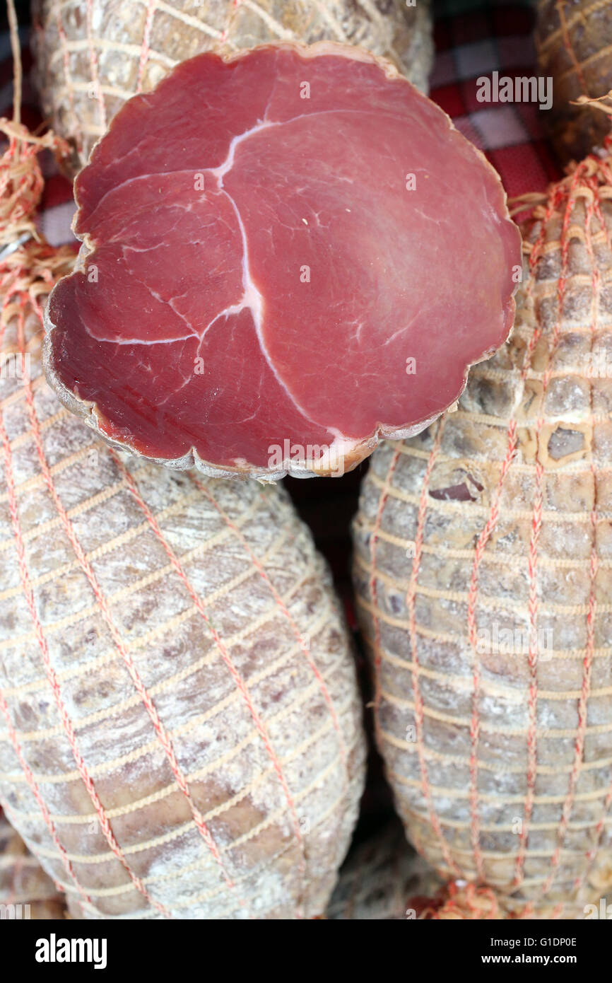 Traditional smoked hams.  Saint-Gervais-les-Bains. France. Stock Photo