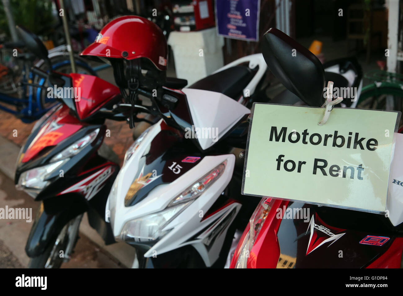 Tourism. Motorbike for rent.  Vientiane. Laos. Stock Photo