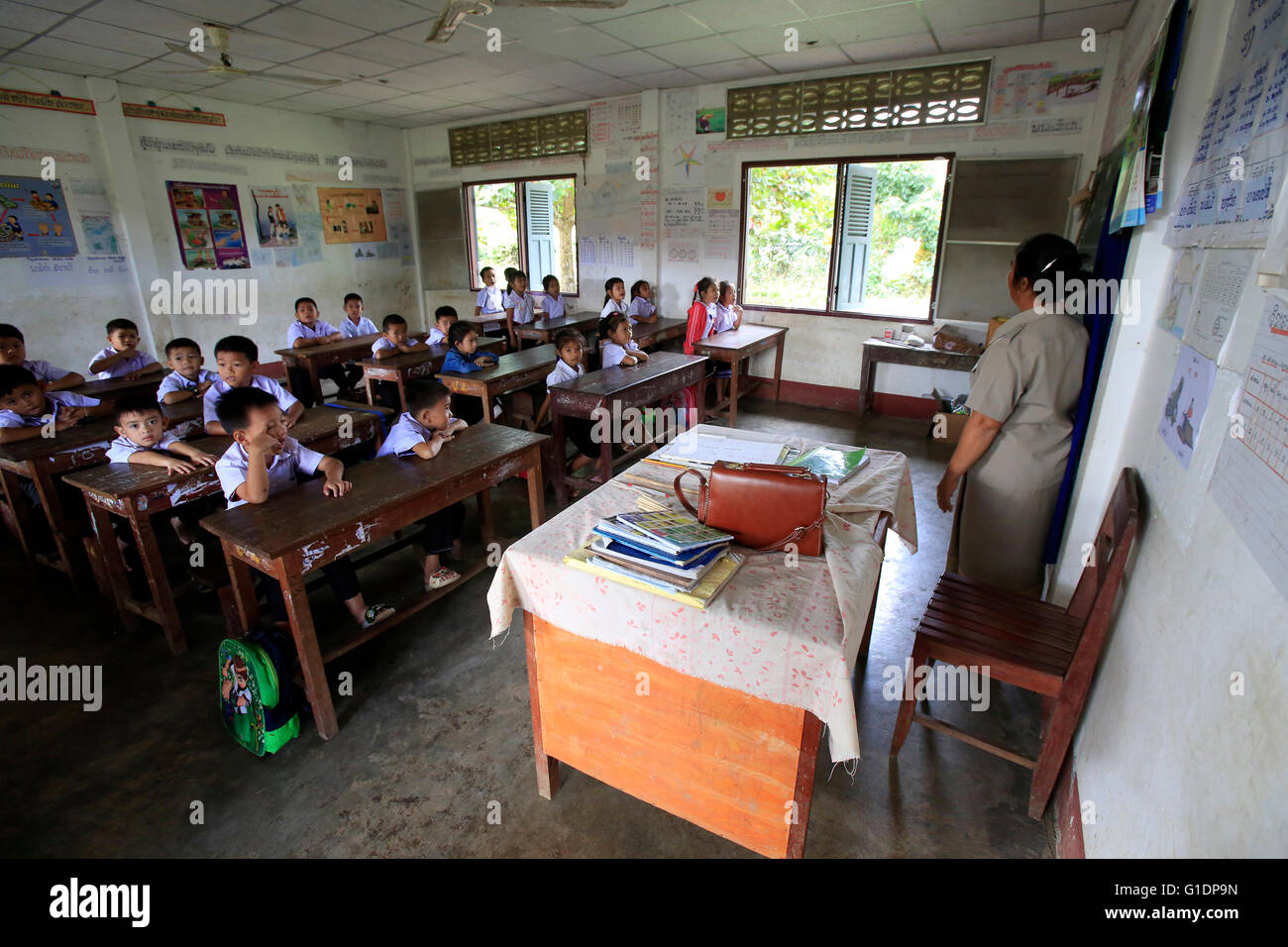 Elementary school.  Schoolchildren in classroom.  Vang Vieng. Laos. Stock Photo