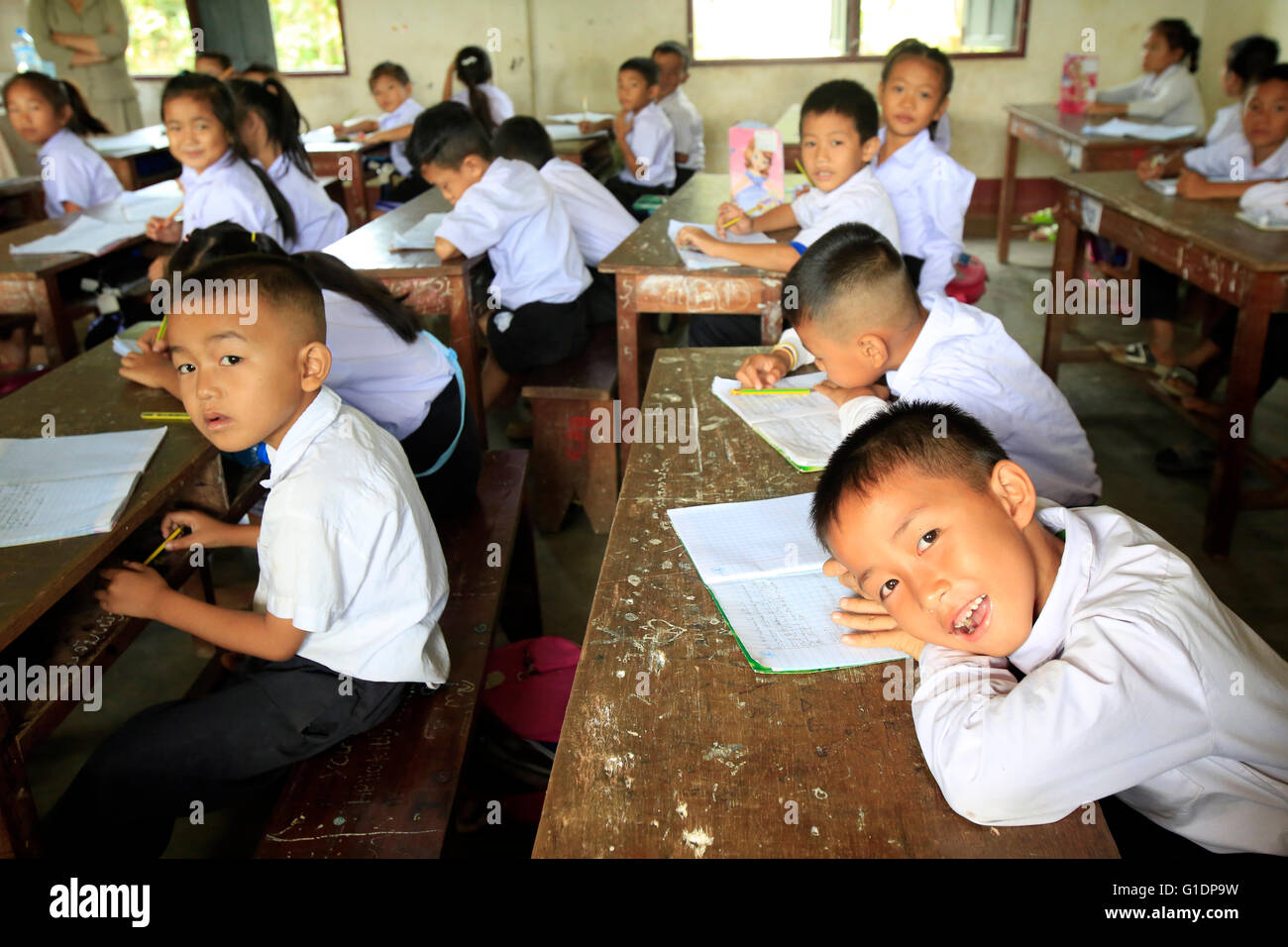 Elementary school.  Schoolchildren in classroom.  Vang Vieng. Laos. Stock Photo