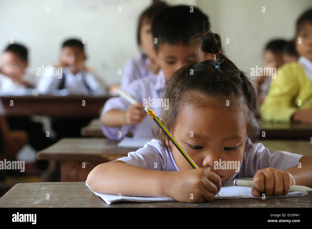 Elementary school. Schoolchildren in classroom.  Vang Vieng. Laos. Stock Photo
