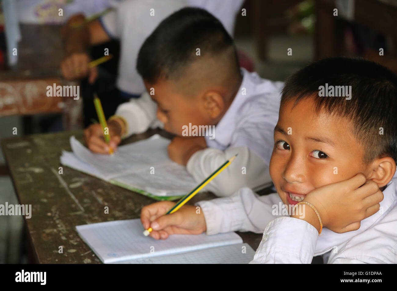Elementary school.  Schoolchildren in classroom.  Vang Vieng. Laos. Stock Photo