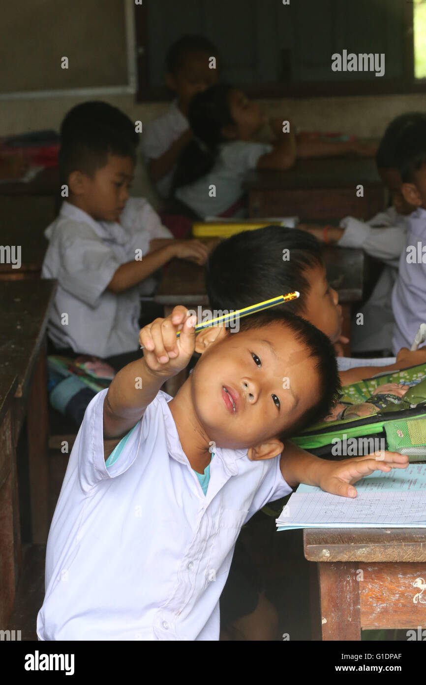 Elementary school.  Schoolchildren in classroom.  Vang Vieng. Laos. Stock Photo