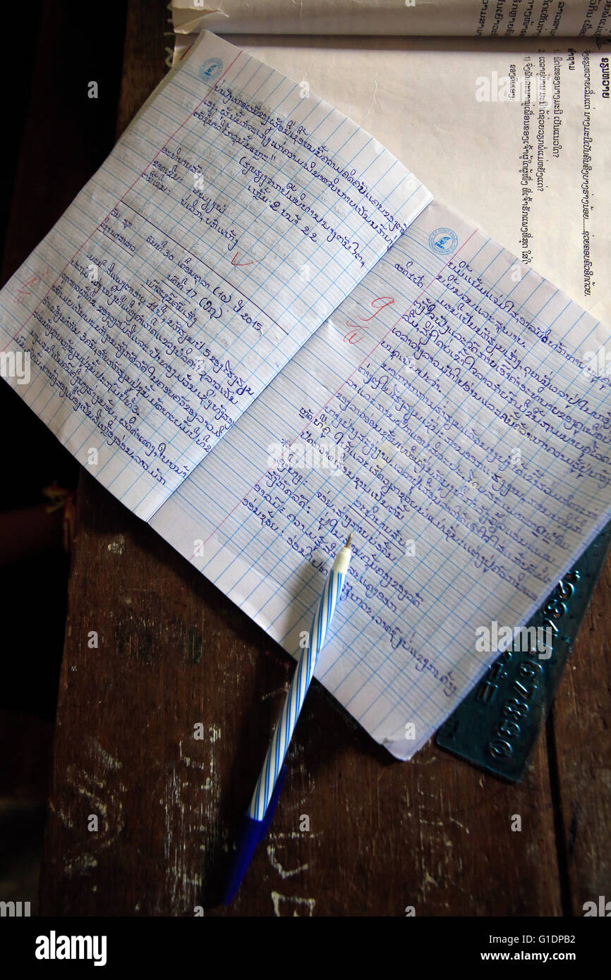 Elementary school.  Schoolboy reading textbook in classroom.  Vang Vieng. Laos. Stock Photo